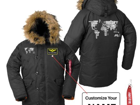 World Map (Text) Designed Parka Bomber Jackets Cheap